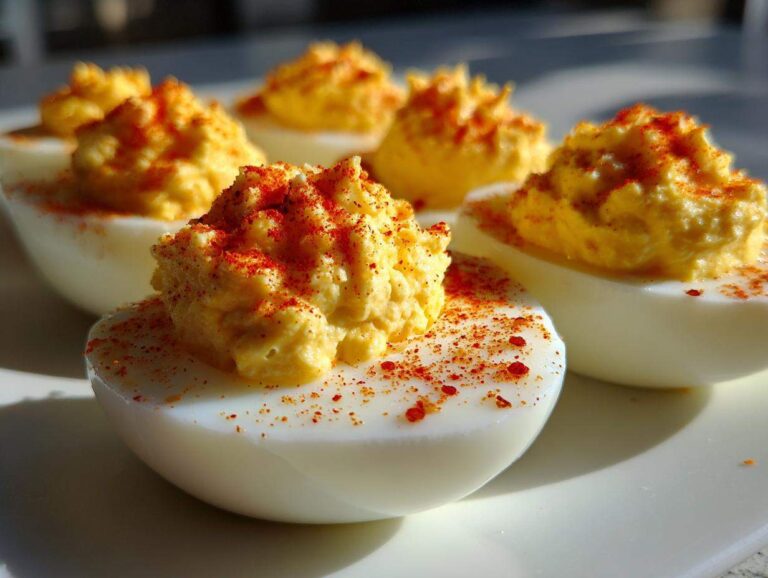 Close-up of several classic deviled eggs on a white plate, featuring piped yolk filling dusted generously with paprika.