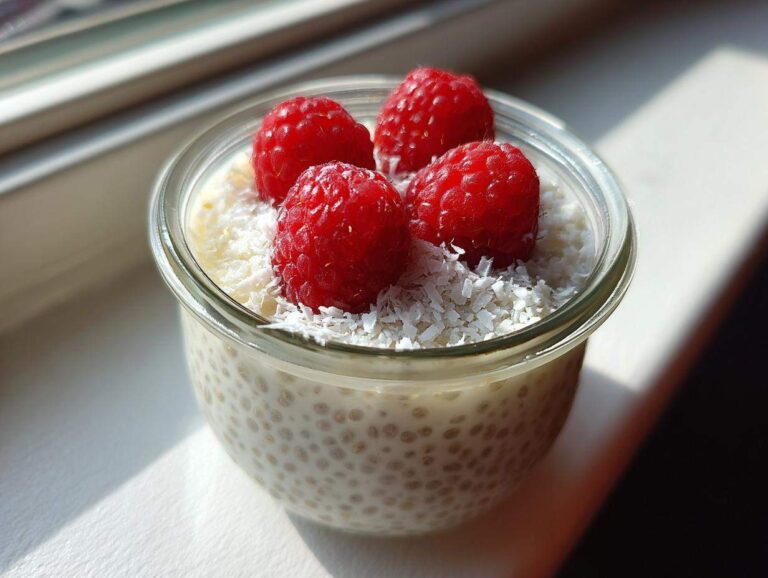 A glass jar filled with creamy coconut chia pudding, topped with shredded coconut and fresh raspberries.