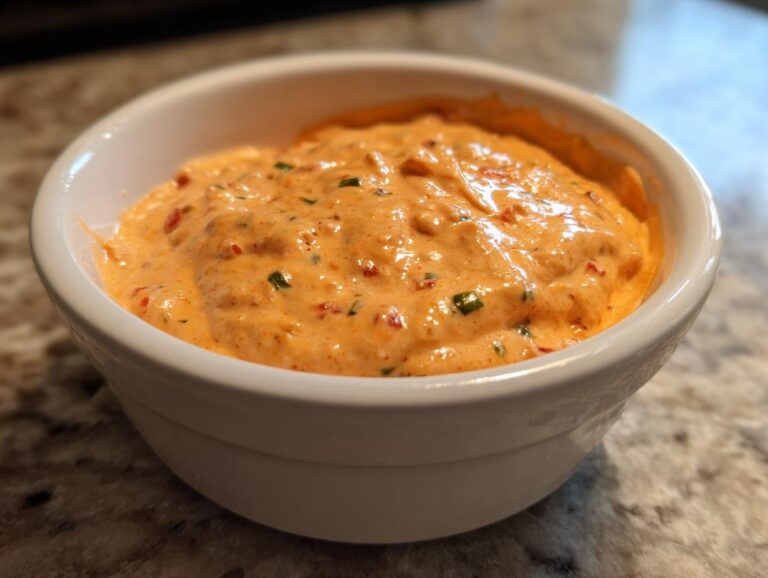 Close-up of a small white bowl filled with creamy, orange-colored cottage cheese queso dip speckled with red peppers and green herbs.