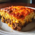 A close-up of a hearty slice of cowboy cornbread casserole showing a ground meat layer topped with golden, baked cornbread.