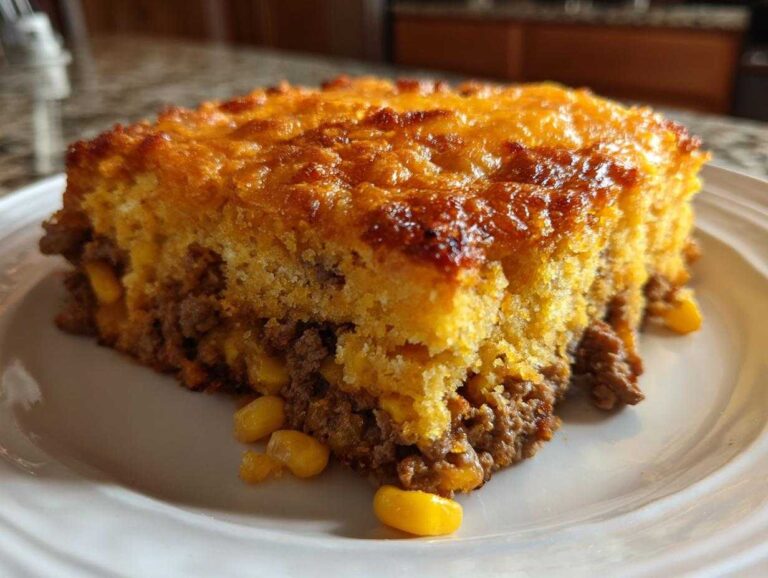 A thick slice of cowboy cornbread casserole featuring a golden, cheesy top layer over seasoned ground beef and corn filling.