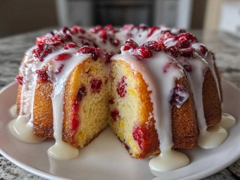 A bundt-style cranberry orange cake drizzled with thick white glaze and topped with cranberries, with one slice cut out showing the moist interior.
