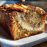 Close-up of a moist slice of cream cheese banana bread showing a rich cream cheese swirl filling.