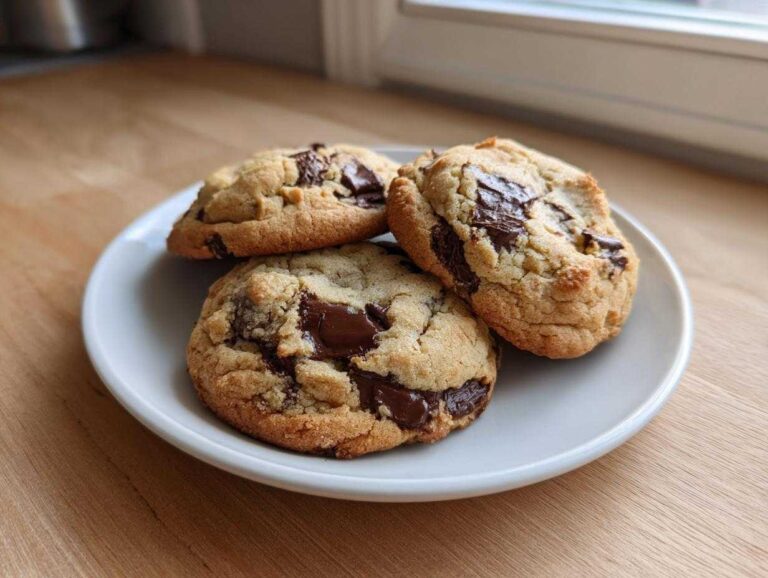 Three thick, soft cream cheese chocolate chip cookies piled on a small white plate on a wooden surface.