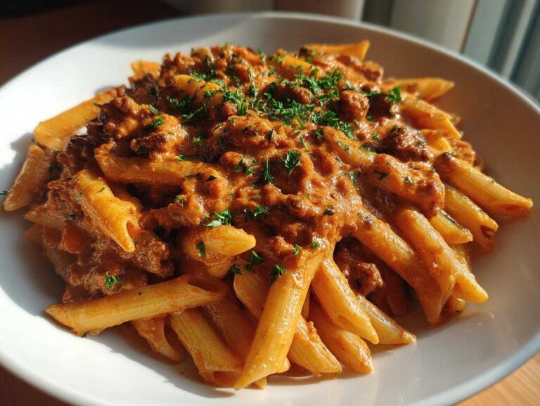 A close-up of creamy, rich beef pasta made with penne, topped with fresh parsley.
