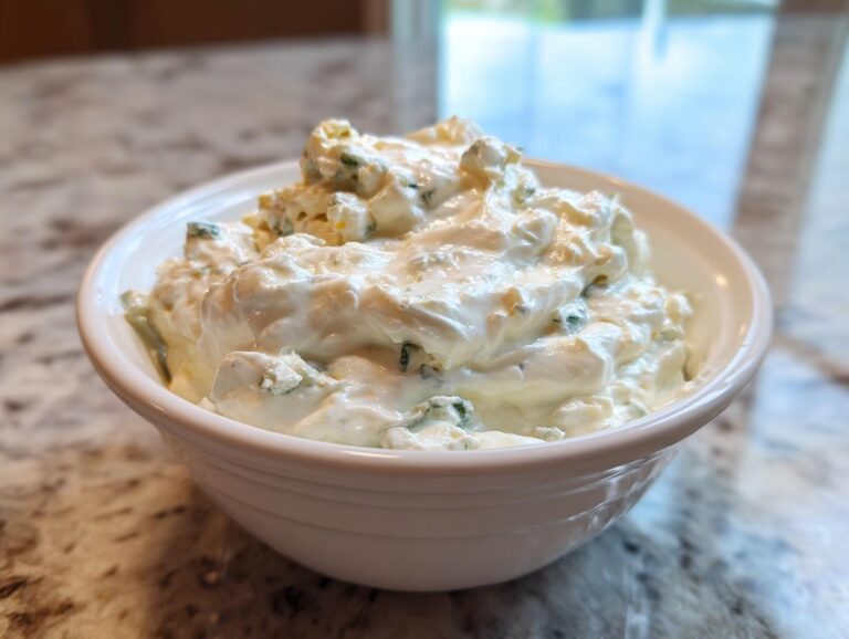 A close-up of a thick, creamy blue cheese dip loaded with visible chunks of blue cheese and herbs, served in a white bowl.
