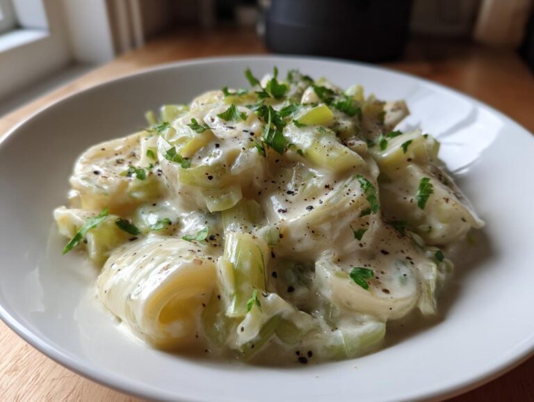 Close-up of tender braised leeks coated in a creamy white sauce, garnished with fresh parsley and black pepper.