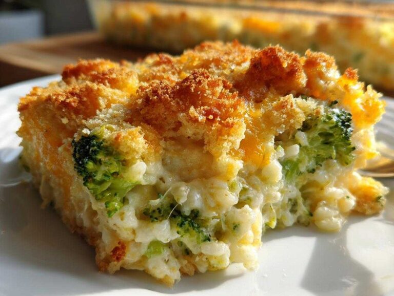 A close-up, mouthwatering slice of creamy broccoli rice casserole with a golden, crunchy topping.