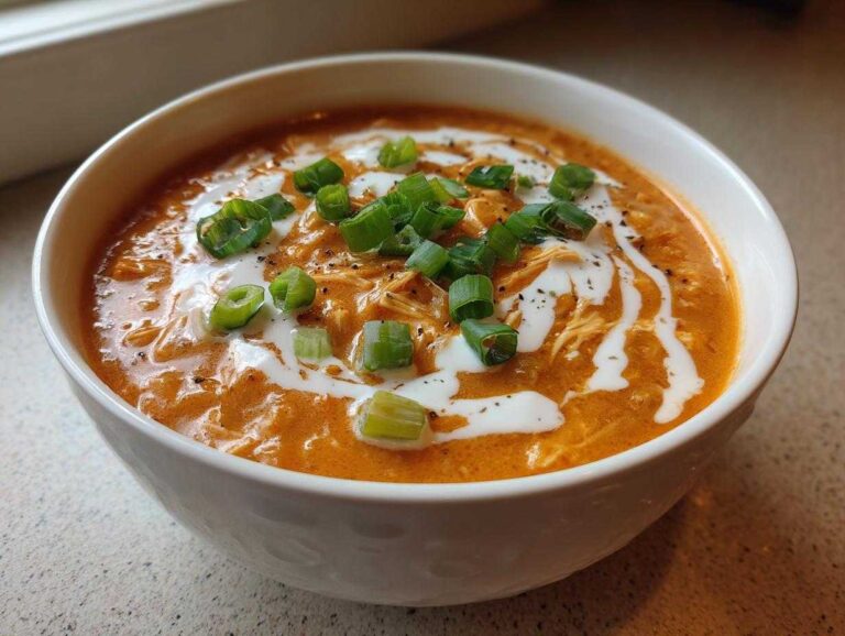 A close-up of a white bowl filled with creamy orange buffalo chicken chili, drizzled with sour cream and topped with fresh green onions.