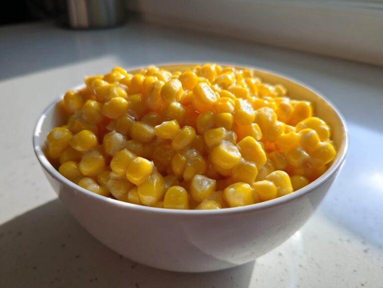 A close-up of a white bowl filled with bright yellow, creamy corn kernels.