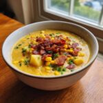A close-up of a hearty bowl of creamy corn chowder recipe, garnished generously with crumbled bacon and fresh chives.
