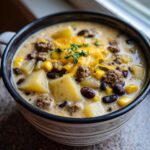 Close-up of a hearty bowl of cowboy soup with potatoes, ground beef, corn, black beans, and melted cheddar cheese.