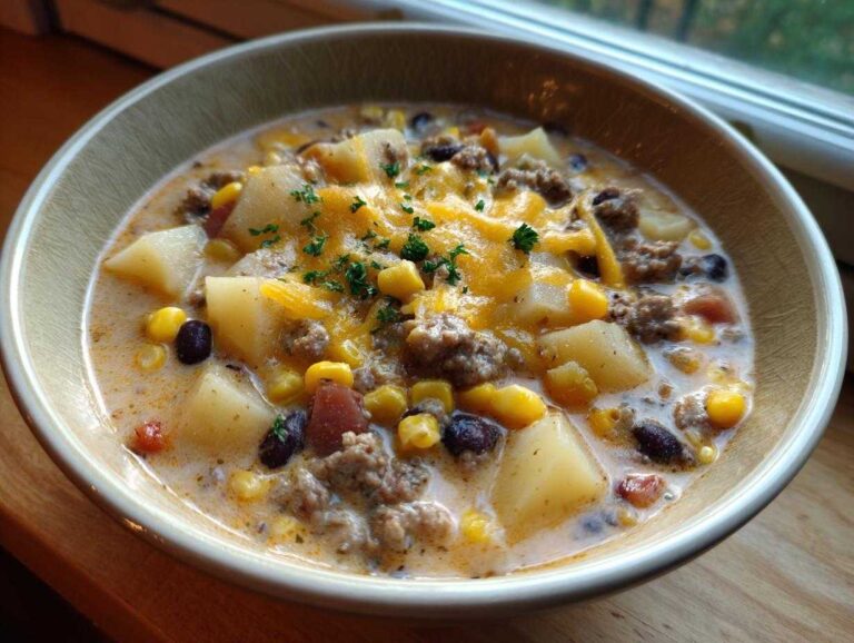 A creamy bowl of cowboy soup filled with potatoes, ground meat, corn, black beans, and topped with melted cheddar cheese.
