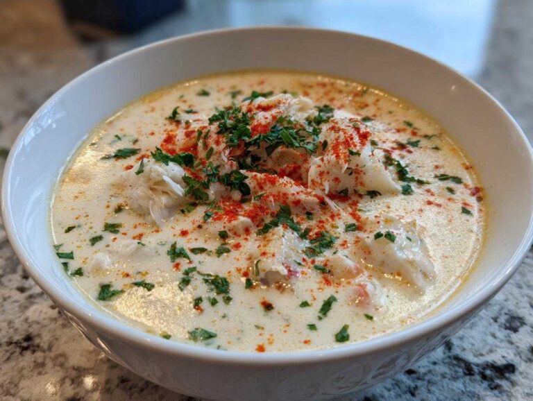 A close-up of a bowl of creamy crab soup, garnished generously with white crab meat, chopped parsley, and a dusting of red paprika.