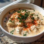 Close-up of a white bowl filled with creamy crab soup, topped generously with lump crab meat, paprika, and fresh parsley.