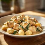 A white bowl filled with creamy crack chicken gnocchi, featuring chunks of chicken and spinach in a rich sauce.