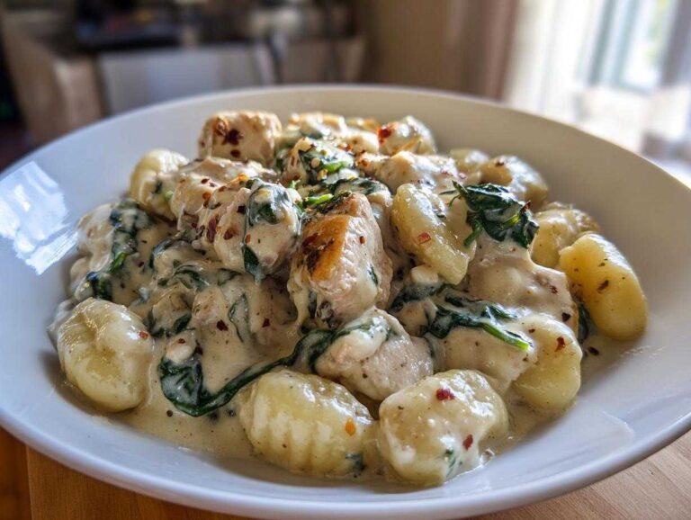 A close-up of a white bowl filled with creamy crack chicken gnocchi mixed with wilted spinach and red pepper flakes.