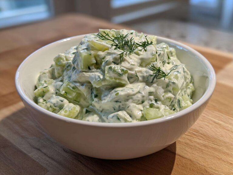Close-up of a white bowl filled with creamy dill pickle dip, featuring chunks of pickle and fresh dill garnish.