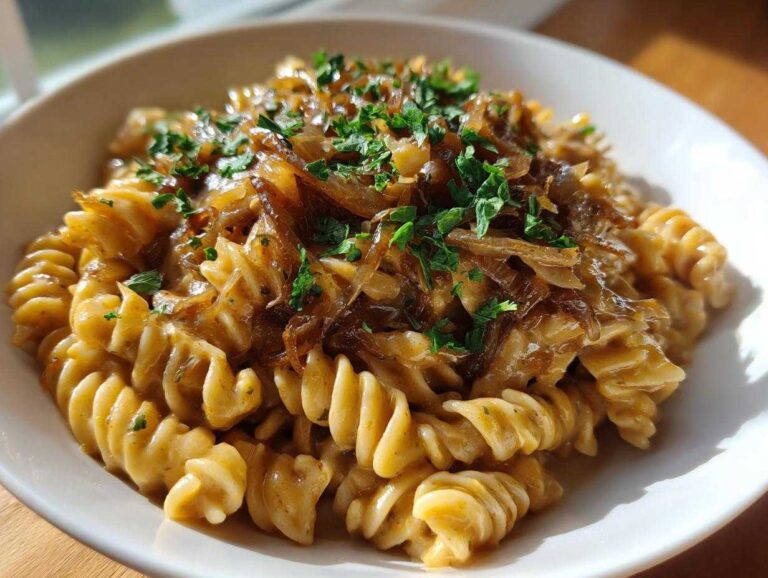 A close-up of creamy french onion pasta made with rotini, topped generously with caramelized onions and fresh parsley.