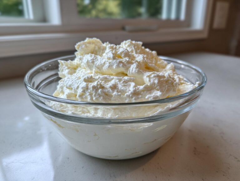 A clear glass bowl filled with fluffy, white creamy horseradish sauce, ready to serve.