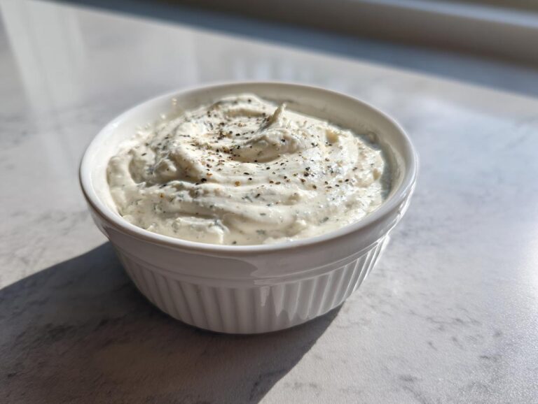A small white ramekin filled with creamy horseradish sauce, topped with cracked black pepper.