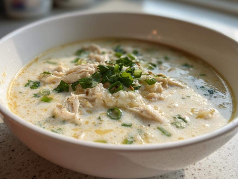 Close-up of a white bowl filled with creamy keto white chicken chili, topped with shredded chicken and fresh parsley.
