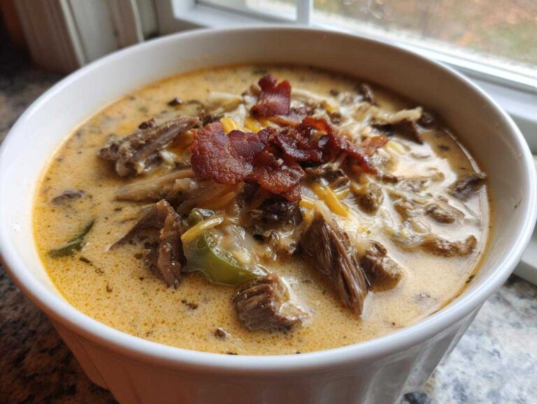 A close-up of a creamy bowl of philly cheese steak soup, featuring beef, peppers, melted cheese, and crispy bacon.