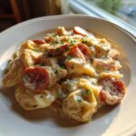 Close-up of a serving of pierogi casserole mixed with creamy sauce and slices of smoked sausage, garnished with parsley.