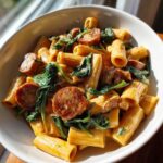 Close-up of creamy sausage pasta featuring rigatoni, sliced sausage, and wilted spinach in a white bowl.