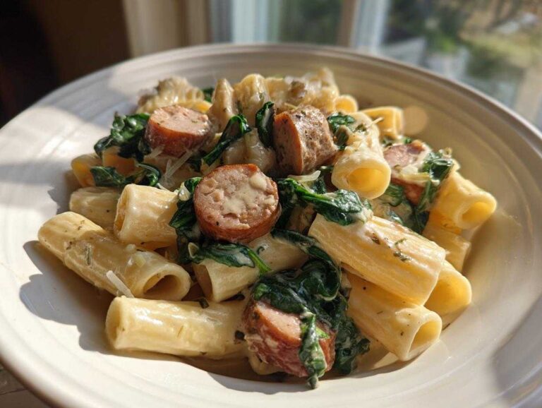 Close-up of creamy sausage pasta featuring rigatoni, sliced sausage, and wilted spinach in a white bowl.
