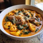 A close-up view of a white bowl filled with creamy sausage tortellini soup, featuring chunks of sausage, spinach, and grated Parmesan cheese.