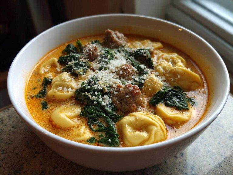 Close-up of a white bowl filled with creamy sausage tortellini soup, topped with sausage crumbles, spinach, and grated Parmesan cheese.