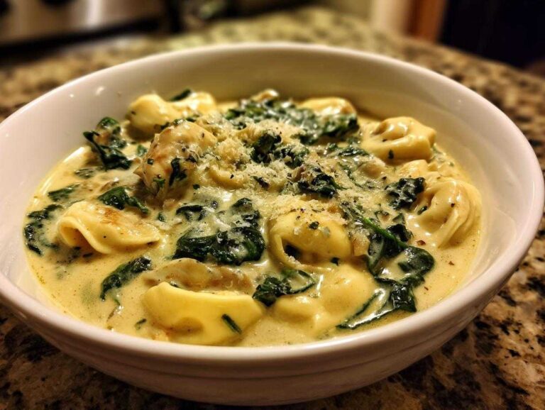 A close-up of a bowl of rich, creamy tortellini soup with wilted spinach and grated Parmesan cheese topping.