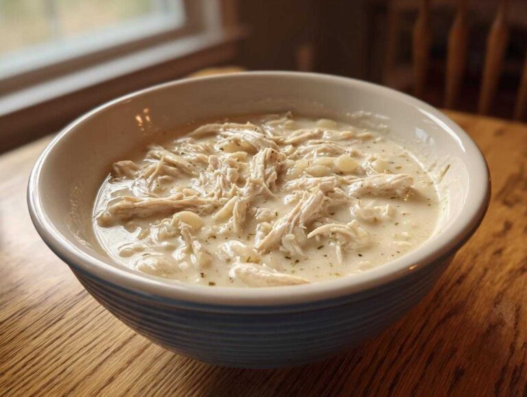 A close-up of a bowl filled with creamy white chicken chili, featuring lots of shredded chicken and hominy.