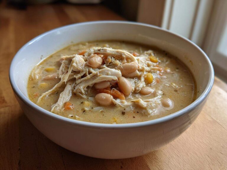 Close-up of a bowl of creamy white chicken chili topped with shredded white chicken and beans.