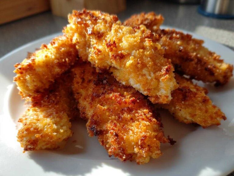 Close-up of golden brown, crispy air fryer chicken tenders piled on a white plate, perfectly cooked.