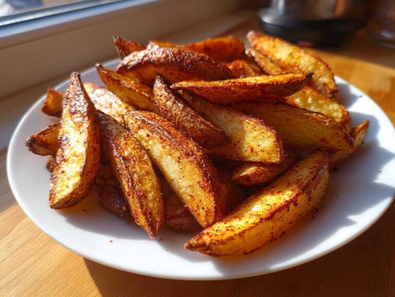 A plate piled high with golden brown, crispy air fryer potato wedges seasoned with spices, highlighted by sunlight.