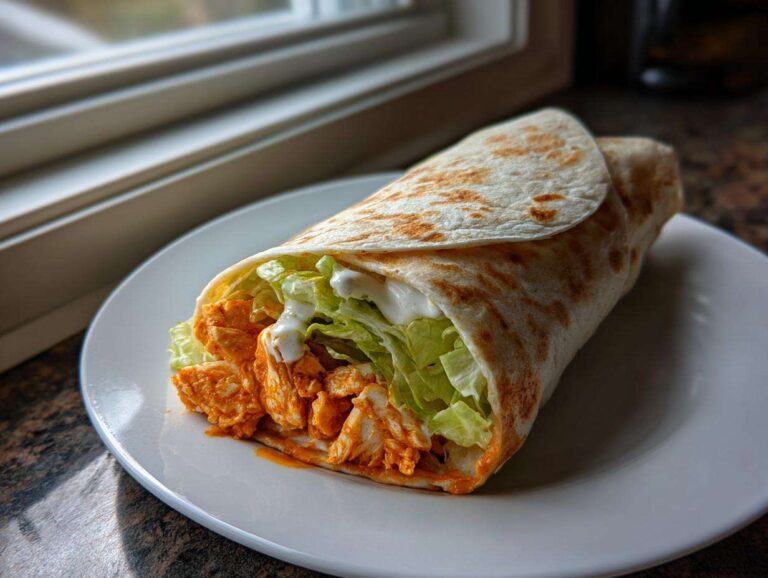A close-up of a crispy buffalo chicken wrap filled with shredded lettuce and drizzled with ranch dressing, sitting on a white plate.