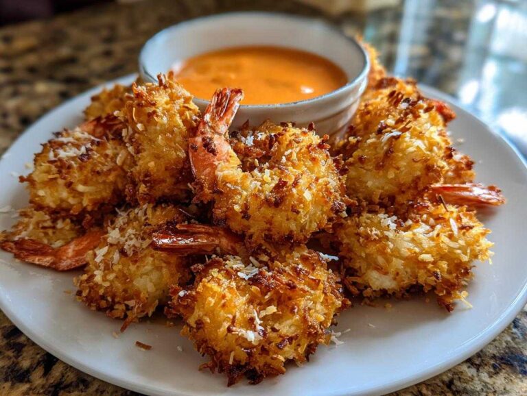 A plate piled high with golden brown, crispy coconut shrimp recipe pieces served with a small bowl of orange dipping sauce.