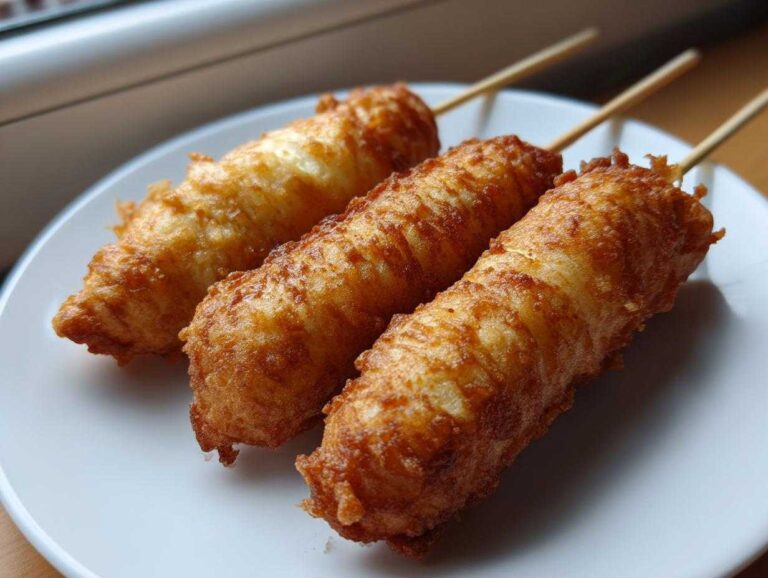 Three golden brown, crispy corn dogs on wooden skewers resting on a white plate.
