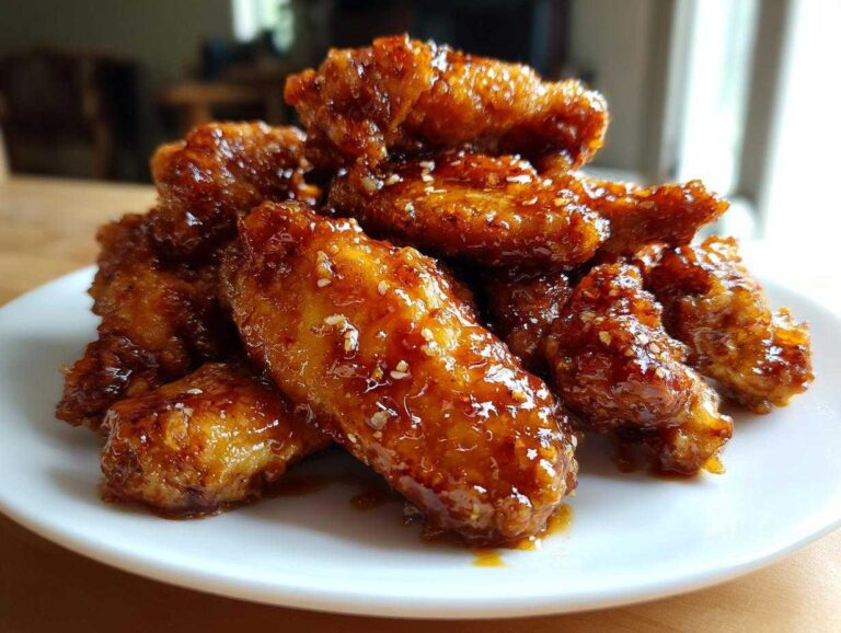 A close-up of a pile of crispy, glazed chicken wings sprinkled with sesame seeds, ready to eat.