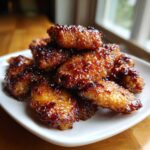 A close-up of crispy, glazed chicken wings piled high on a white plate, showcasing a sticky, caramelized coating.