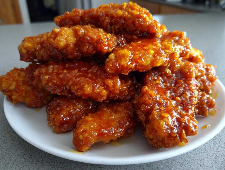 A close-up of a generous pile of crispy hot honey chicken tenders coated in a glossy, orange-red glaze.