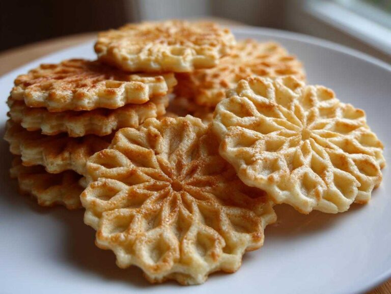 A stack of freshly made, golden brown pizzelle cookies with intricate snowflake patterns resting on a white plate.