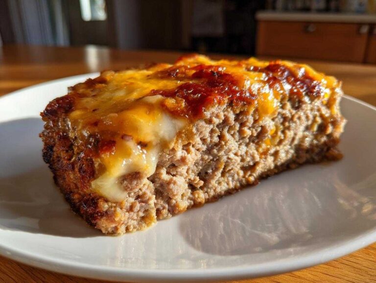 A thick slice of moist crockpot French onion meatloaf topped with melted, bubbly cheese on a white plate.