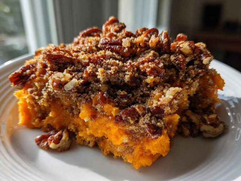 A close-up of a serving of bright orange crockpot sweet potato casserole topped with a thick, crunchy pecan streusel topping.