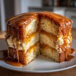 A two-layer caramel cake cut in half, showing moist sponge, cream filling, and thick caramel sauce dripping down the sides.