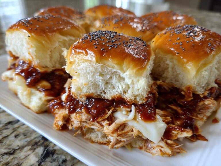 Close-up of several glossy, poppy seed-topped bbq chicken sliders filled with shredded chicken, melted cheese, and rich BBQ sauce.