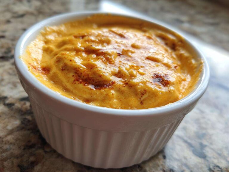 Close-up of a rich, orange beer cheese dip served warm in a white, fluted ramekin, lightly dusted with spice.
