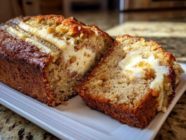Close-up of sliced cream cheese banana bread showing a rich, golden crust and a visible cream cheese swirl inside.